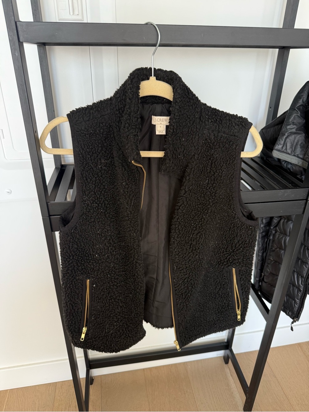 J. Crew Black Sherpa Zip-Up Vest with Gold Hardware